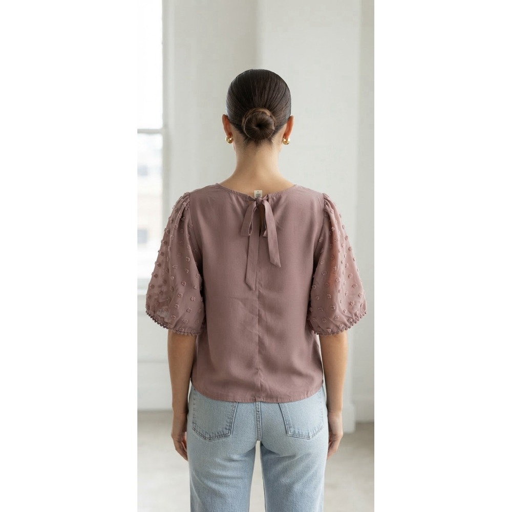 June & Hudson Top SzM Blush Swiss Dot Flowy Blouse Coquette Capsule Minimalist